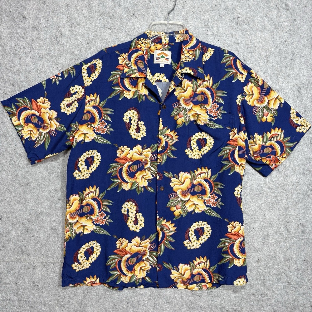 PINEAPPLE JUICE VTG Floral Blue Hawaiian Ukulele Luau Men's L Made USA Spooner